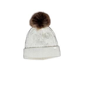 Calvin Klein Women’s Beanie One Size Ivory Knit Hat Faux Fur Pom Winter